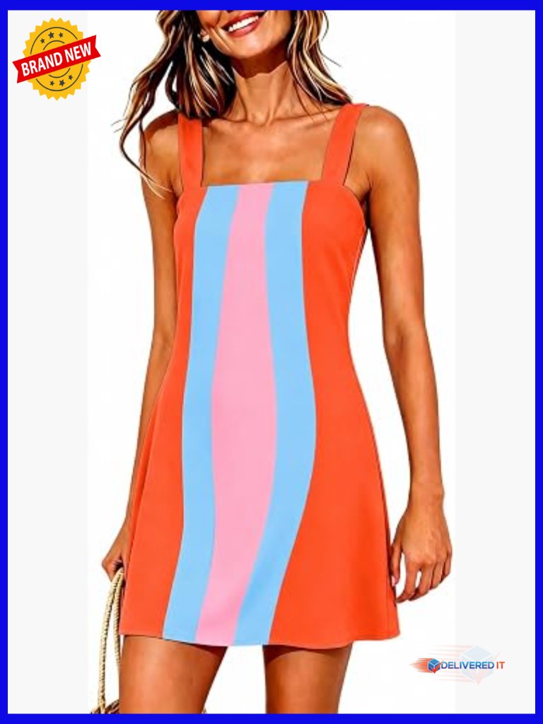 Color Block Mini Dress With Adjustable Straps, Beach Cover Up, Summer Vacation